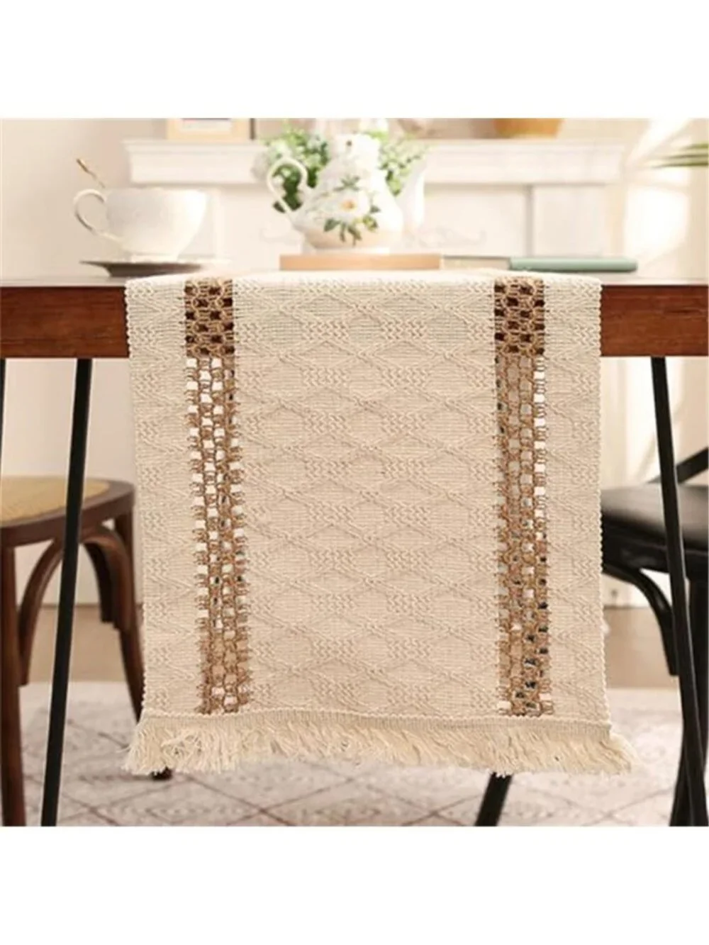 Boho Table Runner 12 x 90 Beige Brown Cotton Linen Farmhouse Tassel Dining Decor